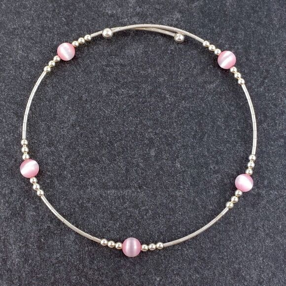 Pink Cat’s Eye Memory Wire Bracelet | Vintage Sterling Silver | 7.5” Adjustable - Picture 2 of 4